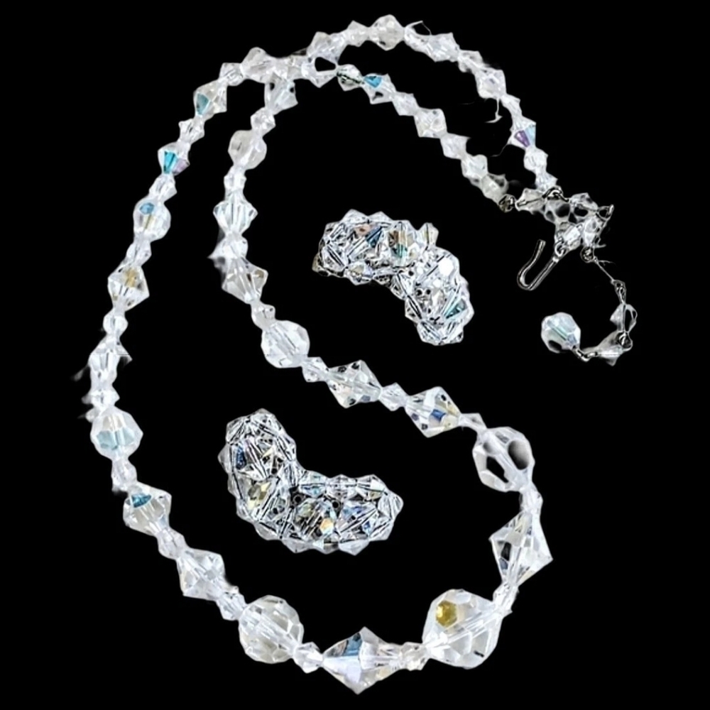 💕 Vintage Faceted AB Glass Crystal Bead Necklace Earrings Set
